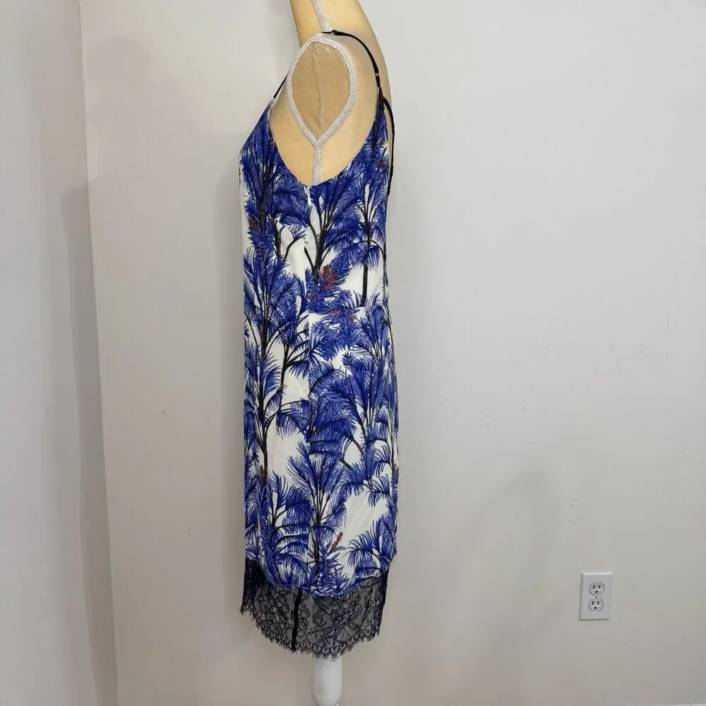 Adelyn Rae Nevina Palm Print Lace Slip Dress Size S Blue White V-Neck Sleeveless